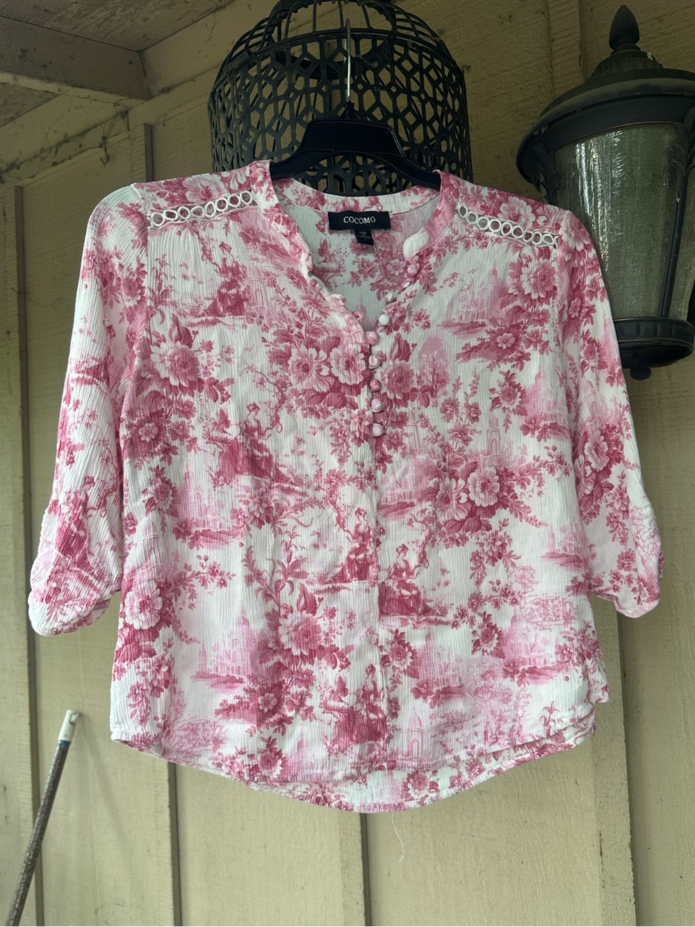 Cocomo White and Pink Floral Crochet-Trim Button Blouse
